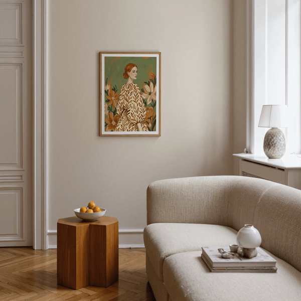 Floral Girl Illustration poster featuring green, beige, white, perfect for living room wall art