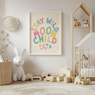 Arched slogan wall art print reading “STAY WILD MOON CHILD” with moon and stars