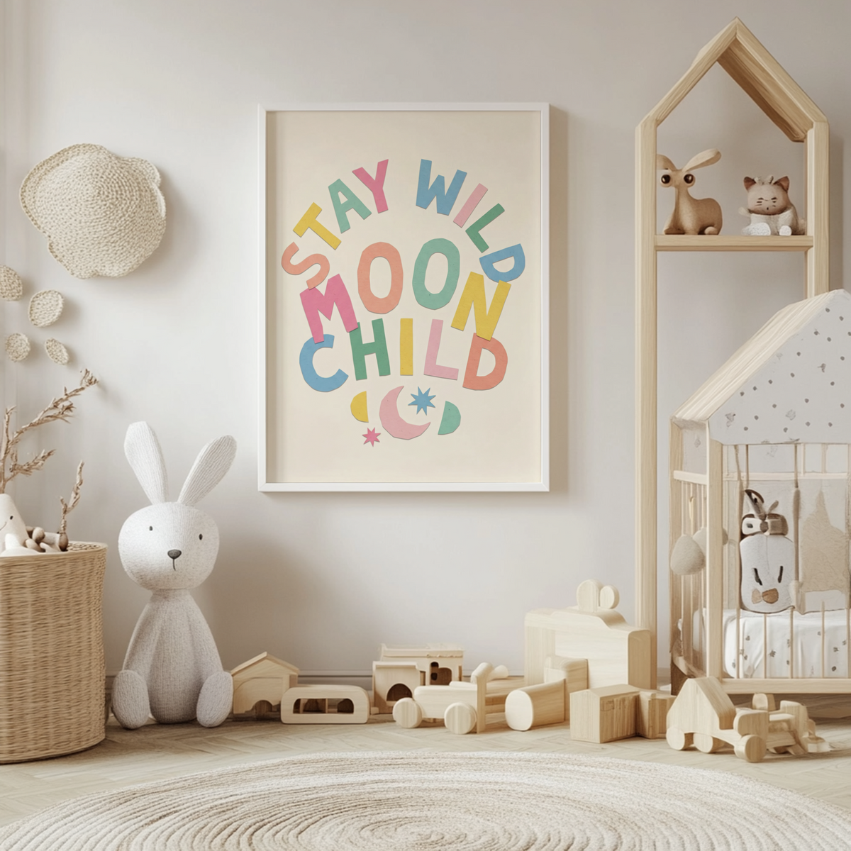 Arched slogan wall art print reading “STAY WILD MOON CHILD” with moon and stars