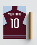 Personalised team shirt wall art print with central number and name line