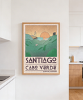 Retro travel wall art print featuring cliffside lighthouse, ocean view, and geometric lettering