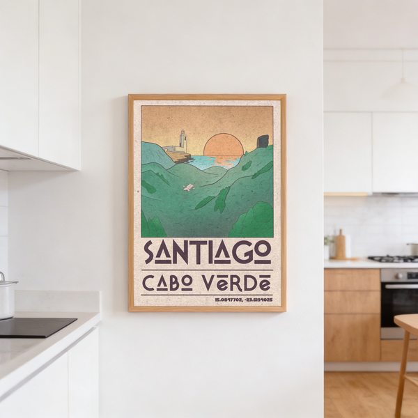 Retro travel wall art print featuring cliffside lighthouse, ocean view, and geometric lettering