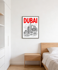Dubai City Wall Art artwork in Red, White, Black palette on neutral wall