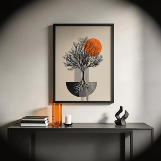 Graphic tree wall art with exposed roots, semicircle base, and vertical line pattern