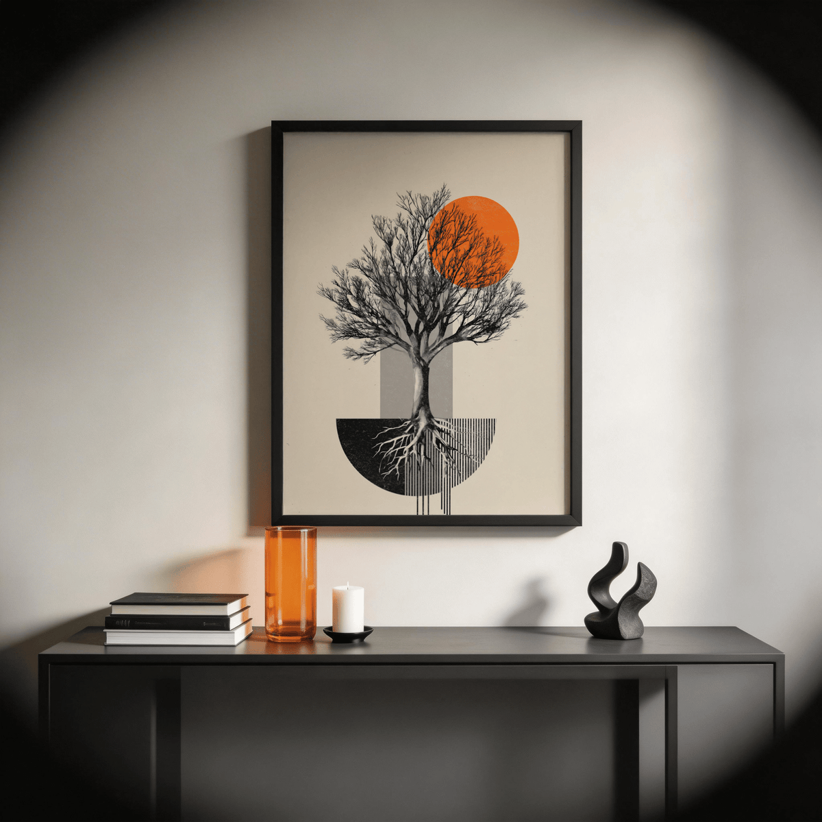 Graphic tree wall art with exposed roots, semicircle base, and vertical line pattern