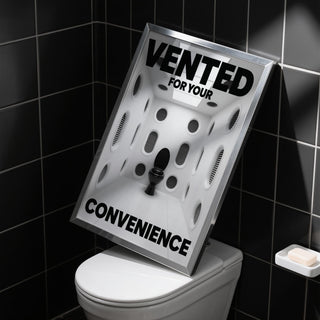 Funny Toilet Sign art print of a black toilet in a vent-covered room.