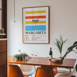 Margarita wall art with coupe glass illustration and horizontal stripes.