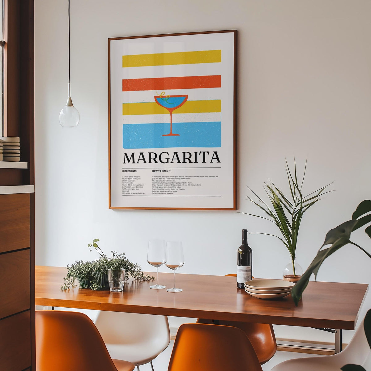 Margarita wall art with coupe glass illustration and horizontal stripes.