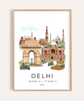 Delhi Landmark Art Print showing India Gate in foreground with Qutub Minar silhouette