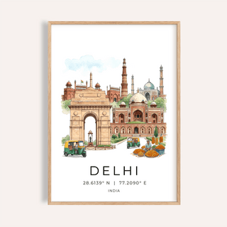 Framed Delhi Landmark Art Print of India Gate and Delhi monuments in watercolour style