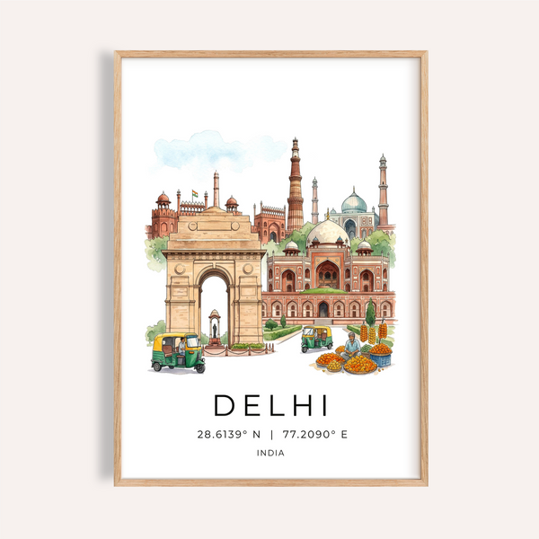 Delhi Landmark Art Print showing India Gate in foreground with Qutub Minar silhouette