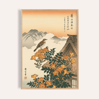 Mountain Landscape Poster with orange flowers and green leaves for living room wall art