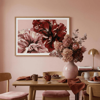 Studio shot of Pink Floral Print leaning against white wall