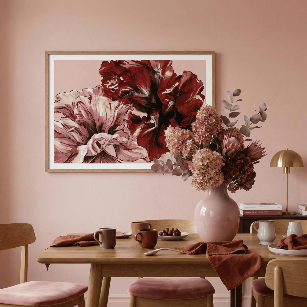 Studio shot of Pink Floral Print leaning against white wall