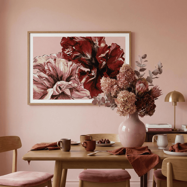 Studio shot of Pink Floral Print leaning against white wall