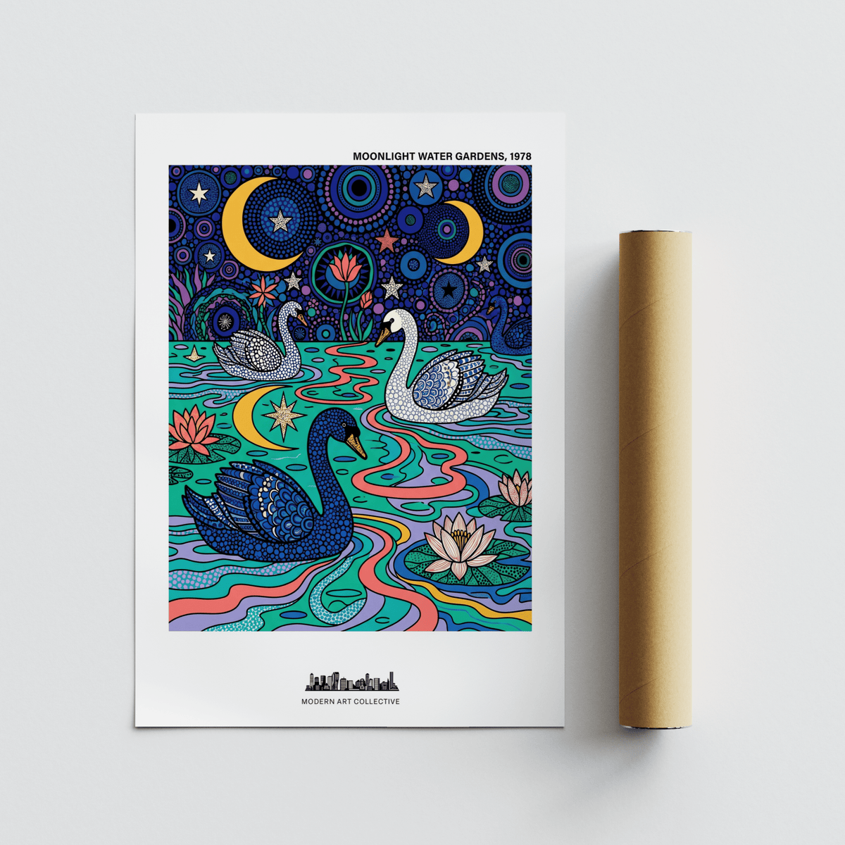 Close-detail Swan Art Print highlighting dotted feather patterns on swans