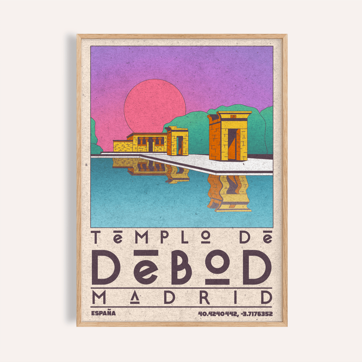 Vintage Templo De Debod Art Print travel poster with temple and reflection