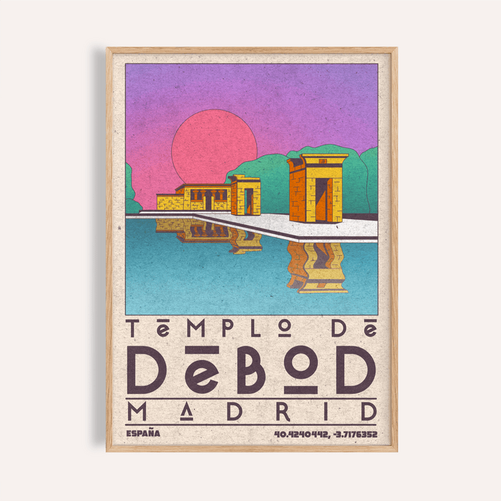 Vintage Templo De Debod Art Print travel poster with temple and reflection