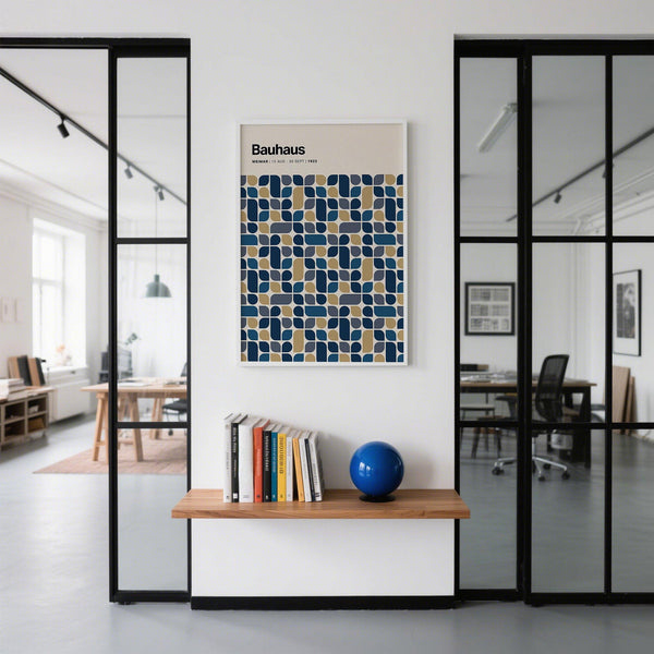 Close-up of Navy and Gold Wall Art pattern showing curved and angular elements