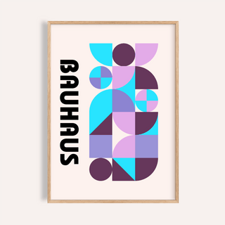 Framed Colorful Shape Print with geometric shapes in blue, purple and lilac on white