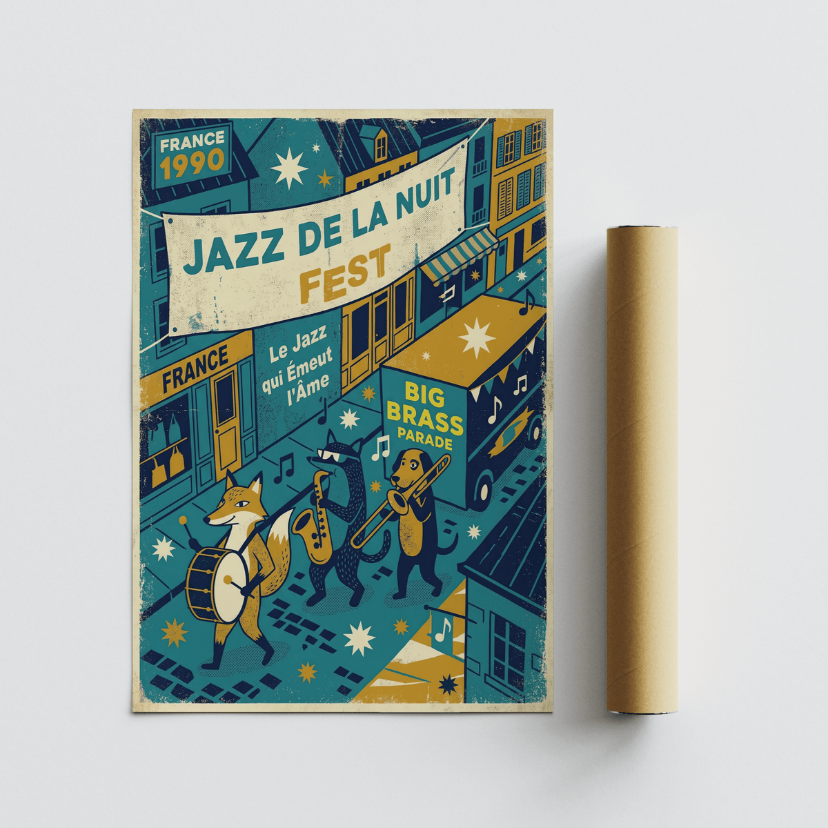 Full composition Paris Jazz Poster wall art with banner, musicians, and storefront facades