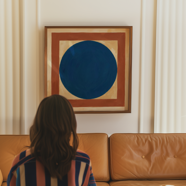 Minimalist Circle Art print with abstract blue circle for contemporary lounge