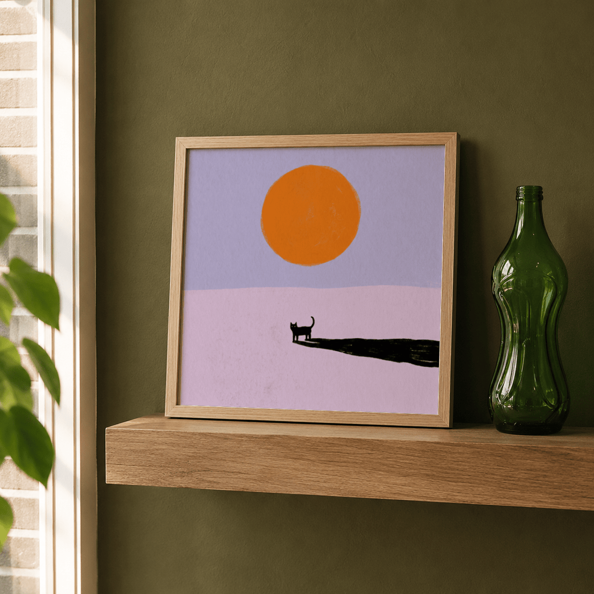 Minimalist Cat Art Print featuring a black cat silhouette standing beside an extended shadow under a bold sun