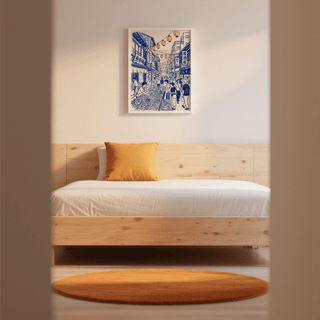 Japanese Street Market Art print, Blue and Red lanterns, White details, bedroom