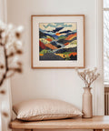 Colourful scenic wall art with bold mountain patterns