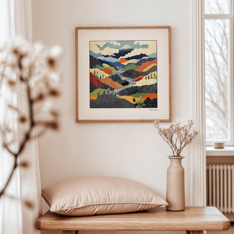 Colourful scenic wall art with bold mountain patterns