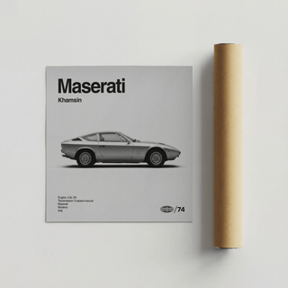 Minimalist Maserati Khamsin Poster in Black and White for creative studio wall decor
