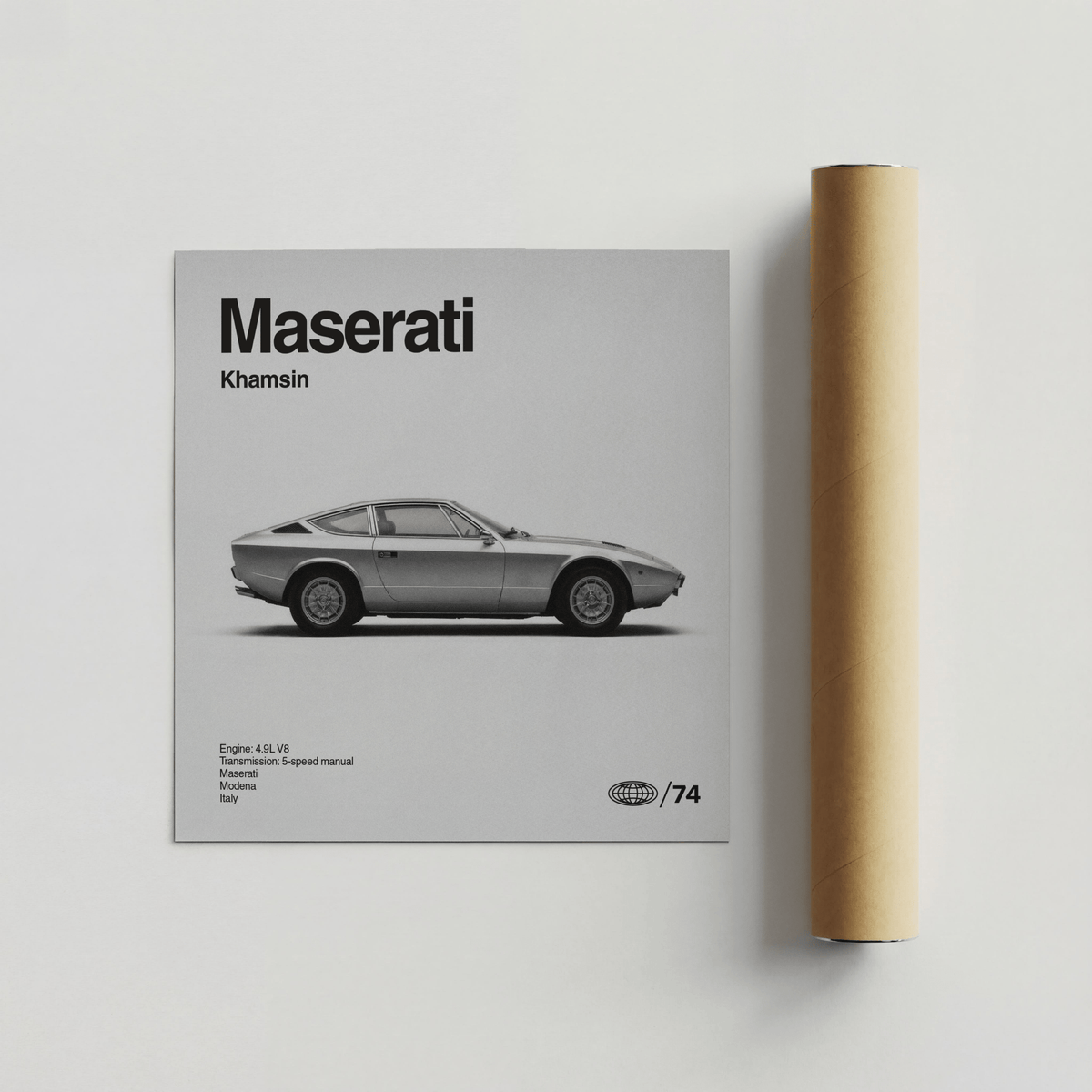 Minimalist Maserati Khamsin Poster in Black and White for creative studio wall decor