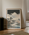 Japanese Art Mountains print with Green, Black, Beige, Yellow, perfect for hallway accent