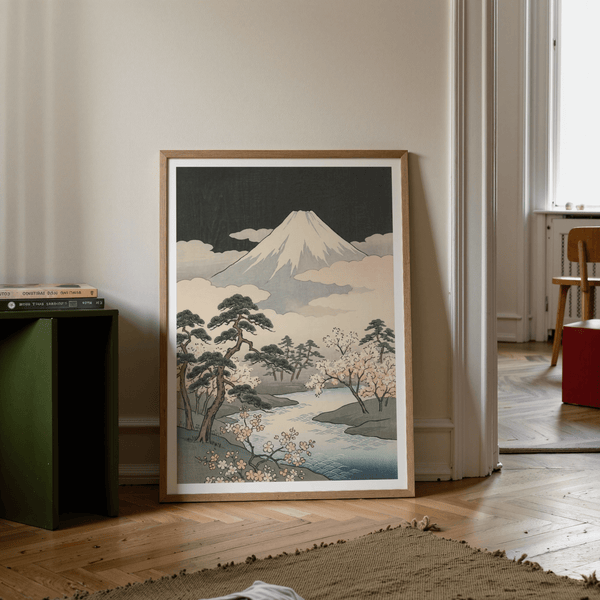 Japanese Art Mountains print with Green, Black, Beige, Yellow, perfect for hallway accent