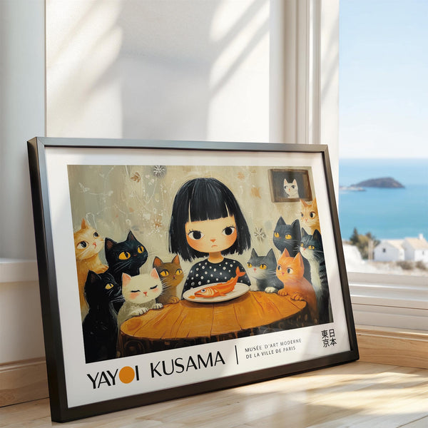 Girl and cats sitting at a dining table with fish, nursery print