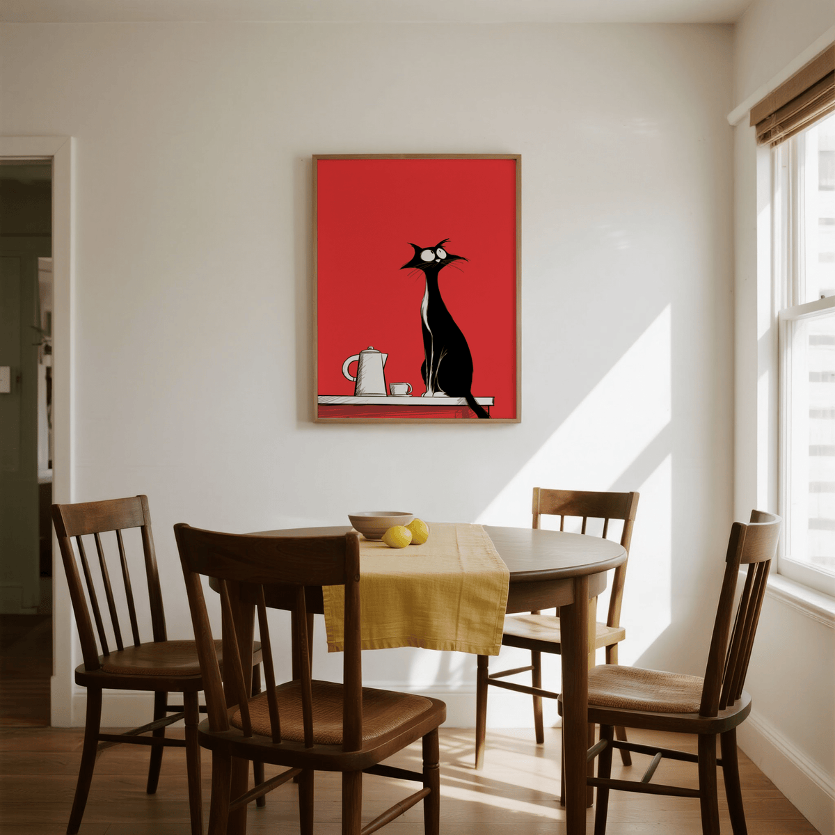 Whimsical Cat Wall Art in black, red, and white for playful bedroom poster