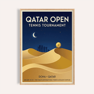 Qatar Open Tennis Print poster showing crescent moon above layered desert dunes and Doha skyline
