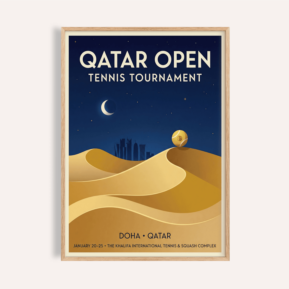 Qatar Open Tennis Print poster showing crescent moon above layered desert dunes and Doha skyline