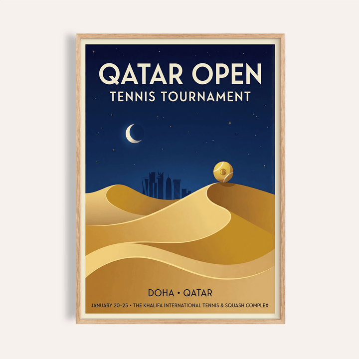 Qatar Open Tennis Print poster showing crescent moon above layered desert dunes and Doha skyline