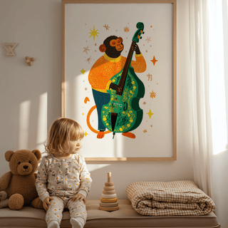 Playful Musical Monkey Art Print with multicolored accents for a nursery wall art