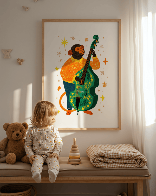Playful Musical Monkey Art Print with multicolored accents for a nursery wall art