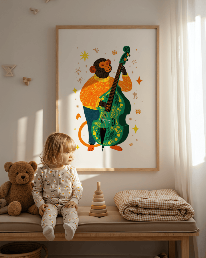Musical Monkey Art Print with a monkey playing a green double bass in a sunlit child's room near teddy bear