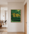 Green and Yellow lion wall art print featuring a sleeping lion on a sofa