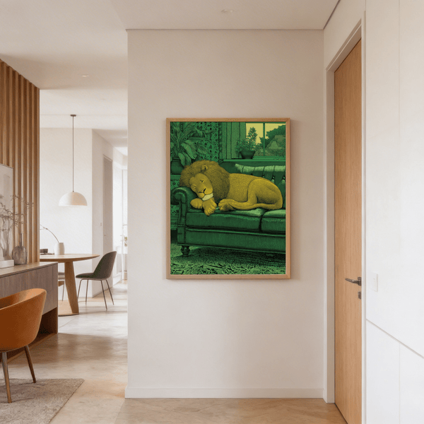 Green and Yellow lion wall art print featuring a sleeping lion on a sofa
