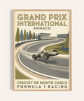 Grand Prix International Monaco racing poster print with sweeping track curve and vintage open-wheel car