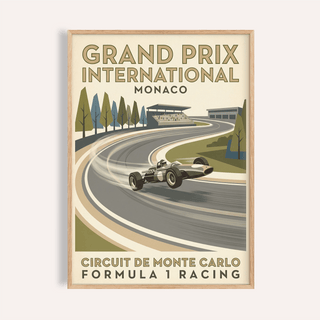 Grand Prix International Monaco racing poster print with sweeping track curve and vintage open-wheel car