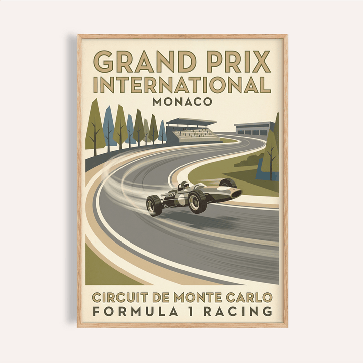 Grand Prix International Monaco racing poster print with sweeping track curve and vintage open-wheel car