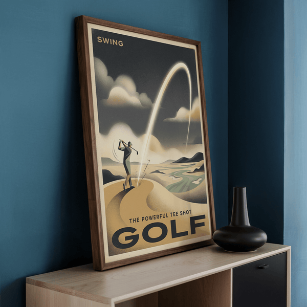 Minimal golf wall art print with small golfer figure, sand-colored tee area, and oversized typography