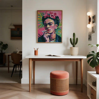 Detail of Frida Kahlo painting with green foliage and floral crown in vibrant tones.