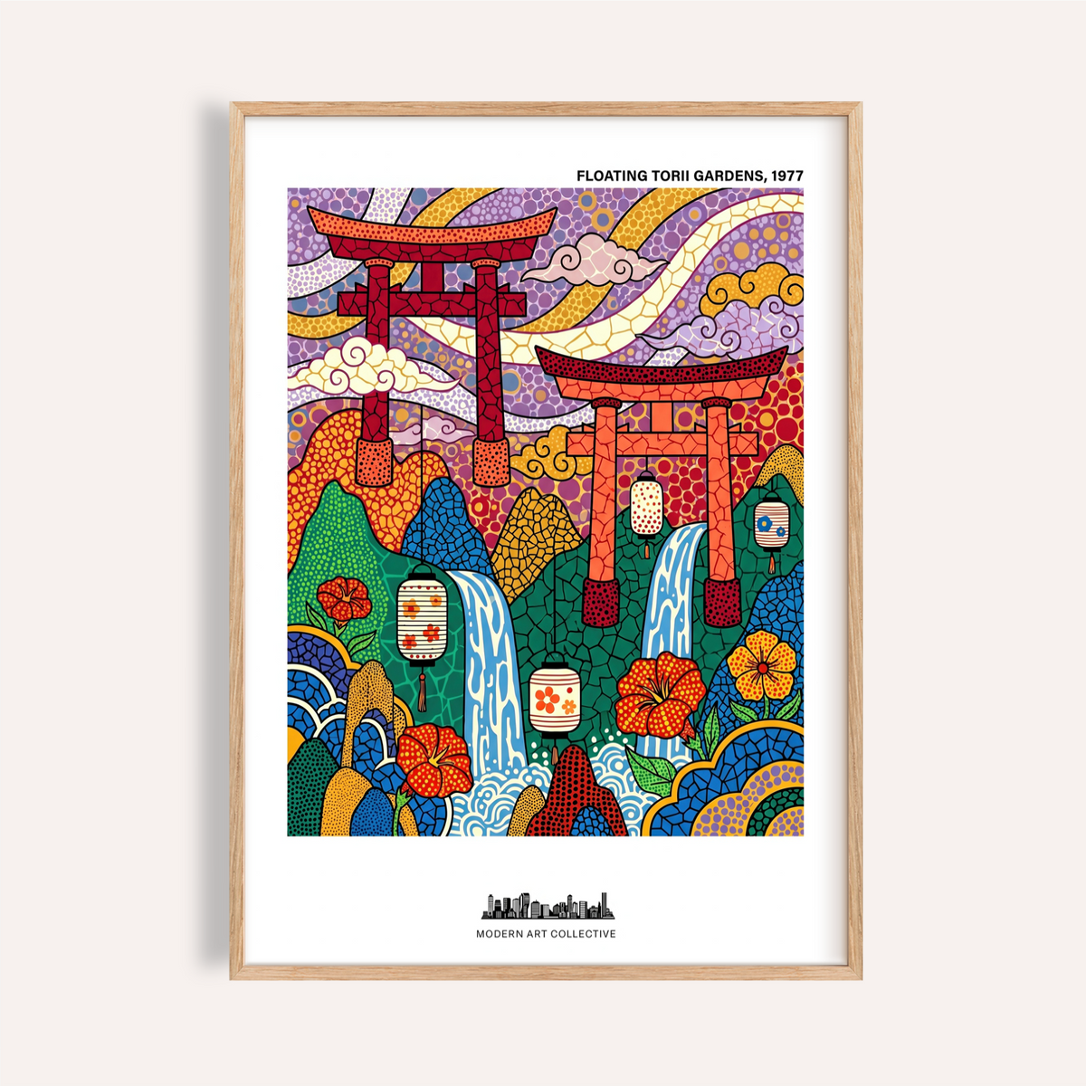 Floating torii gates garden poster with waterfalls and lanterns illustration
